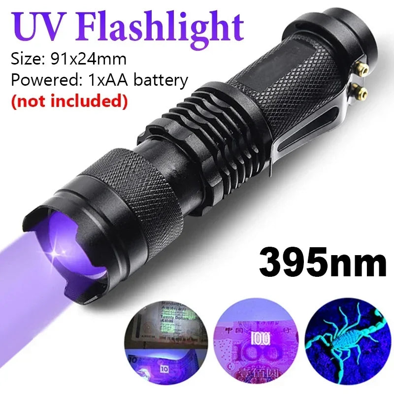 Portable black UV flashlight for pet urine stain detection, 395nm zoomable aluminum lamp for household cleaning.