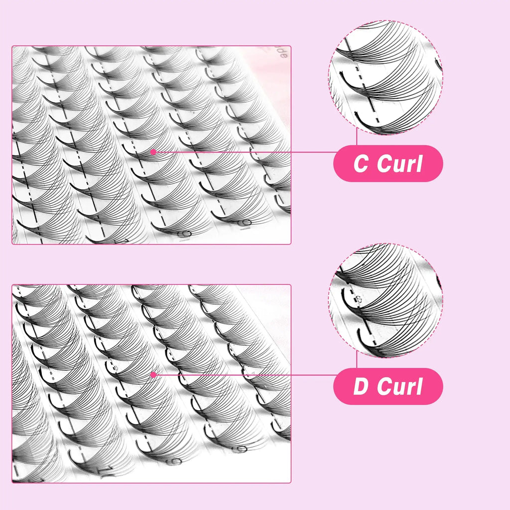 Black premade volume eyelash extension fans on adhesive strips, showing C curl and D curl options for lash application.