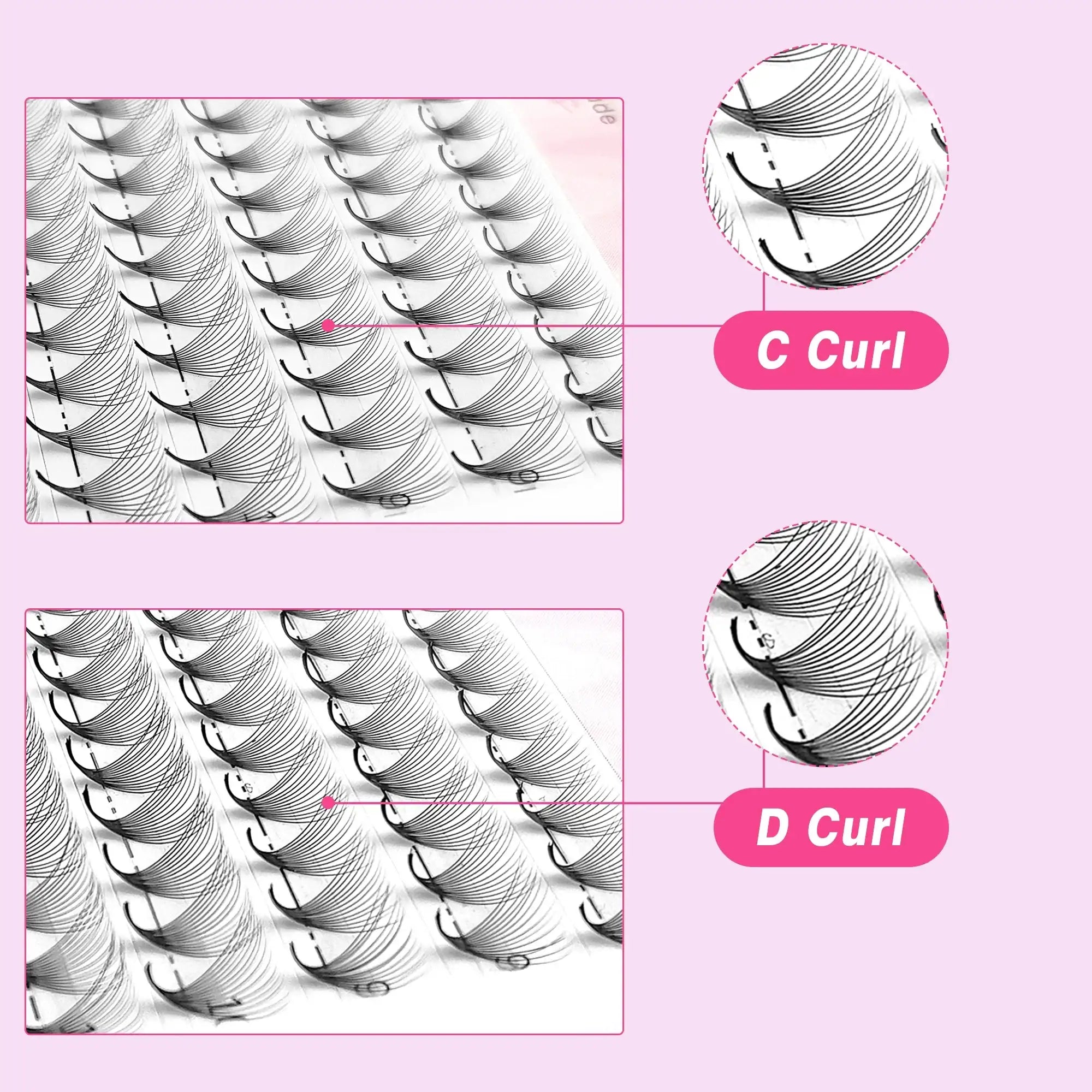 Black premade volume eyelash extension fans on adhesive strips, showing C curl and D curl options for lash application.
