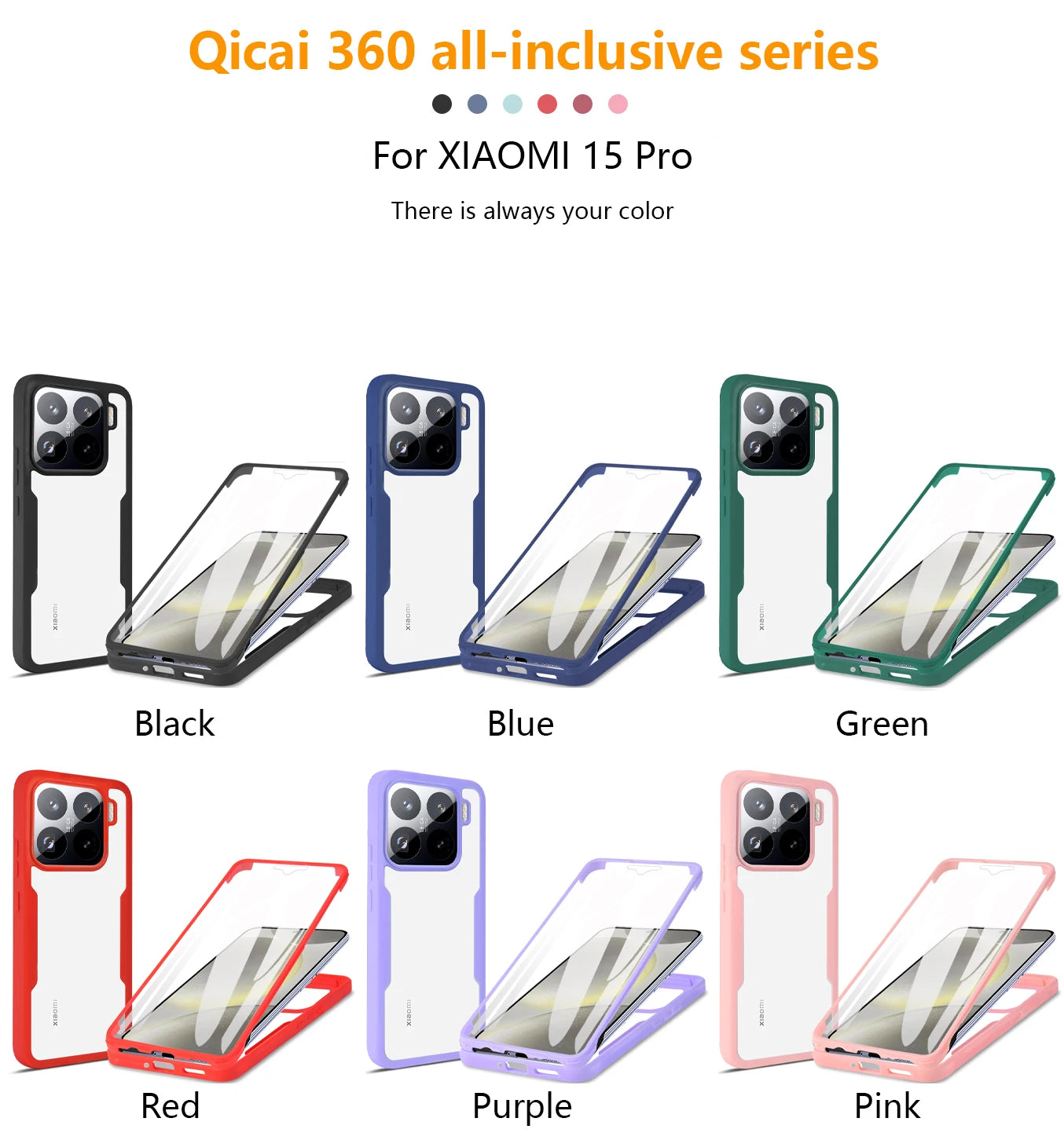 Shockproof 360 full-cover case for Xiaomi 15 Pro in multiple colors with clear skin and screen protection.