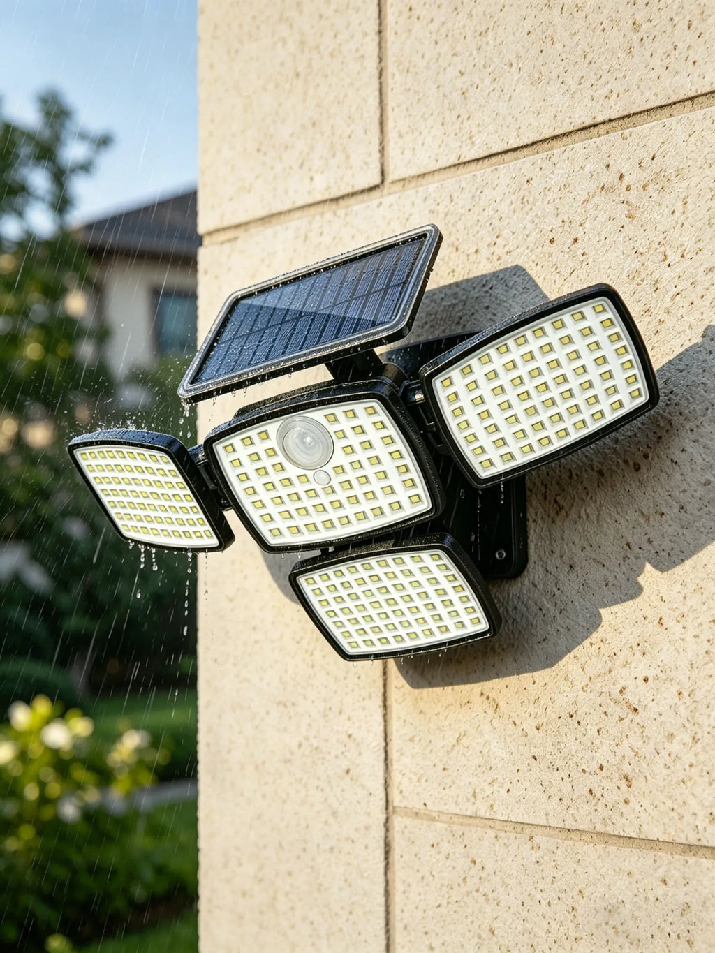 Four-head solar security wall light with motion sensor beside a garden wall