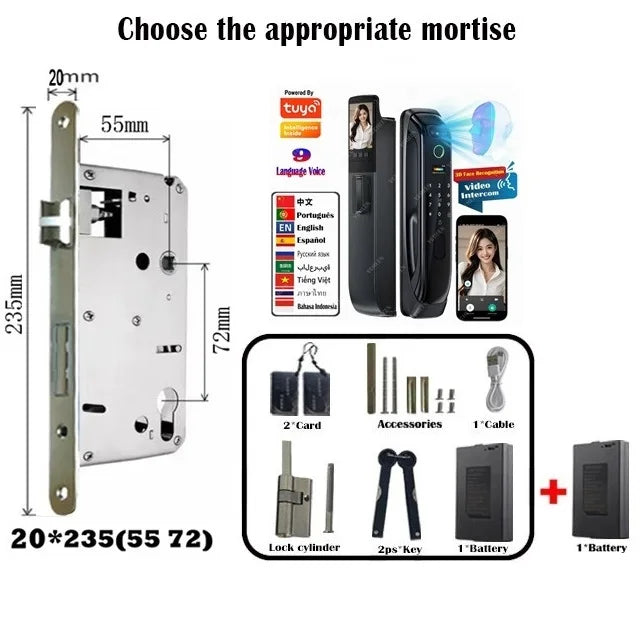 6068,5572,6072,6085 Mortise Lock Tuya Wifi App Camera Smart Digital Lock With Fingerprint Face Key Card Rfid