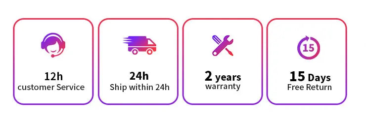 Customer service icons for coffee maker: 12h support, 24h shipping, 2-year warranty, and 15-day free return policy.
