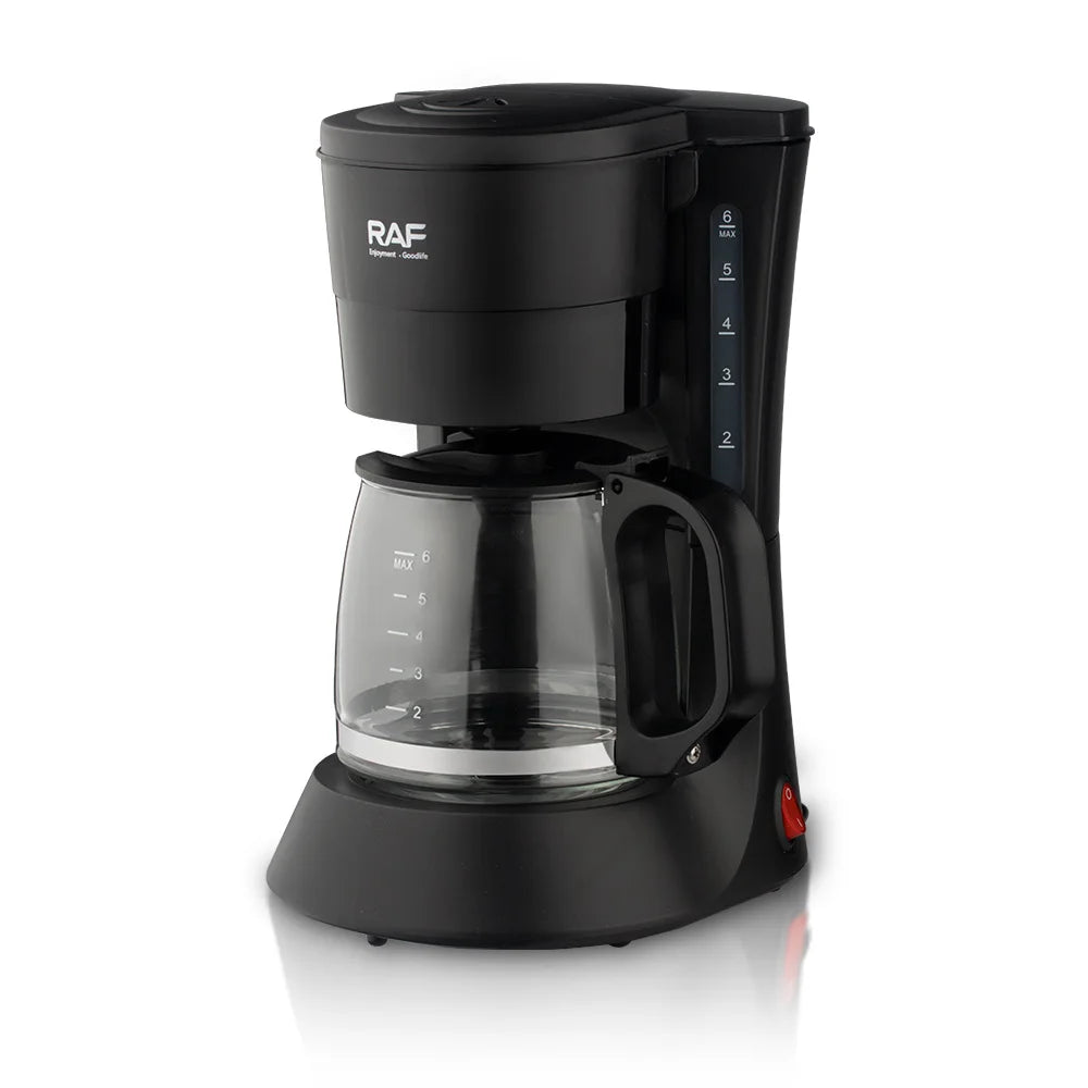 Black RAF 6-cup drip coffee maker with glass carafe and water level indicator on a white background.