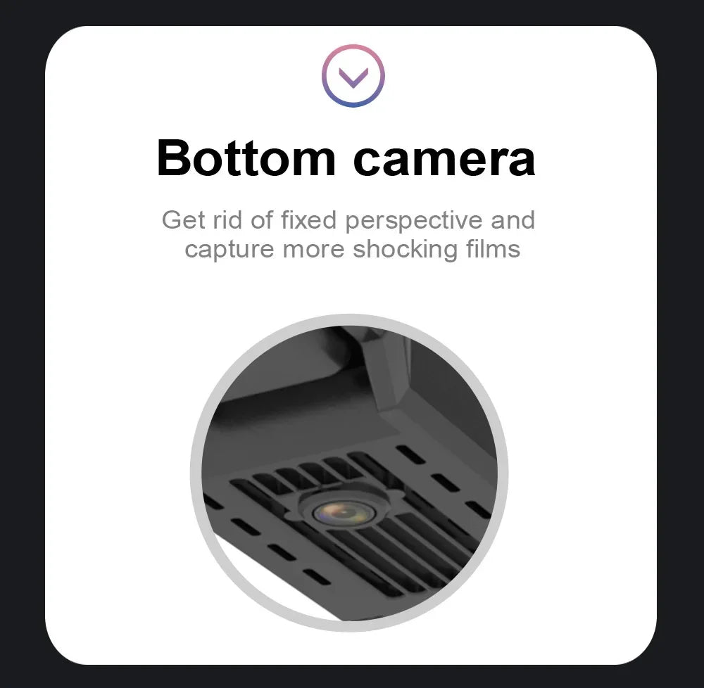Bottom-facing circular drone camera lens set in a black plastic slotted housing for low-angle video capture.