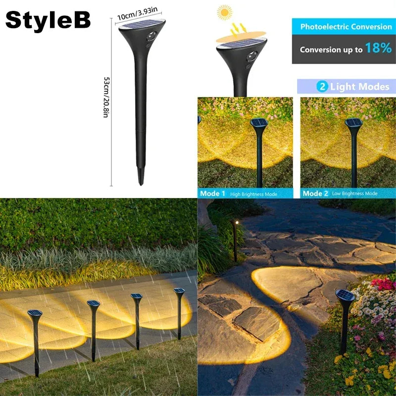 Black solar landscape light stake with top panel, shown illuminating a pathway.