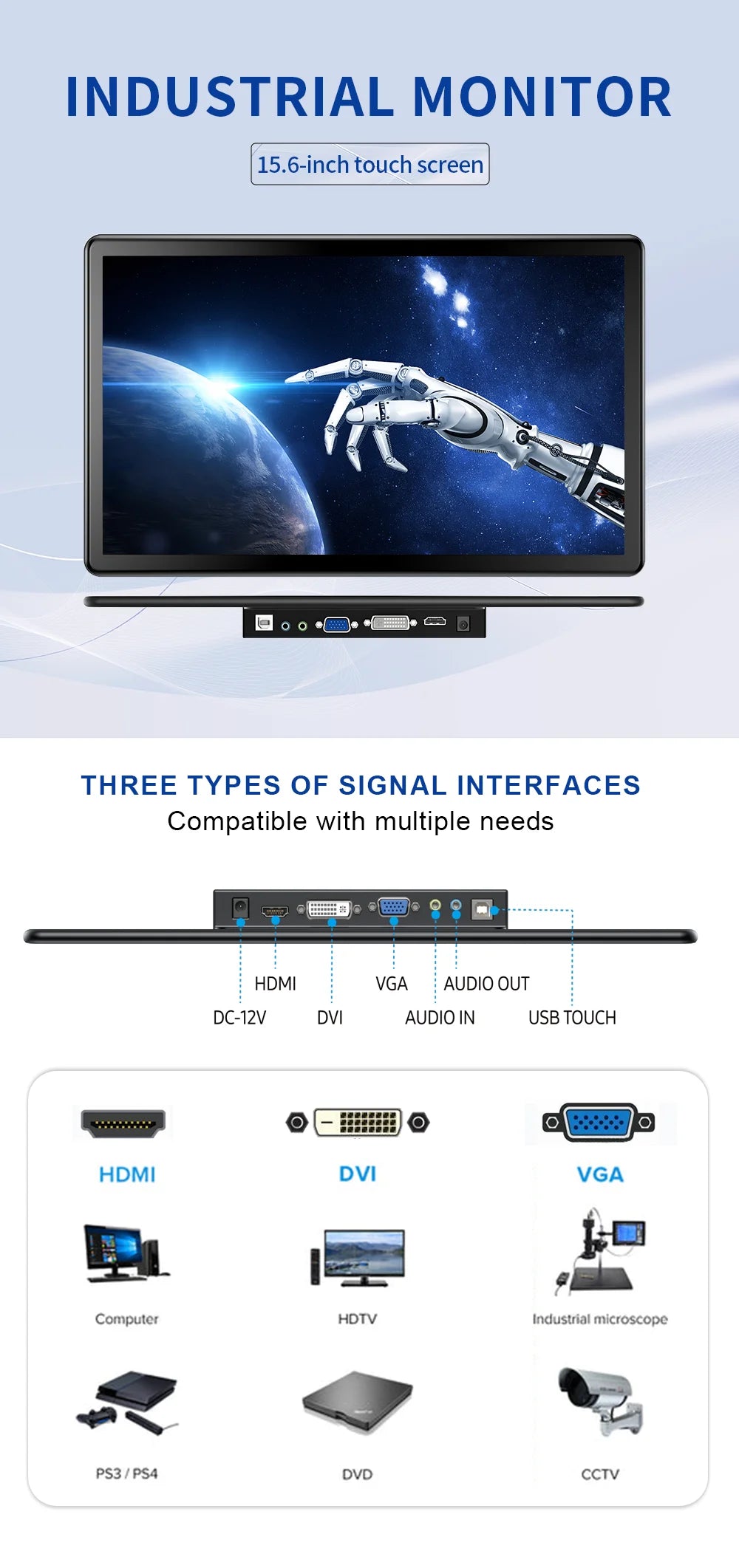 Unew 15.6" Touchscreen Monitor 1920x1080 60Hz 16:9 IPS Display HDMI Type-C VGA DVI for Raspberry Pi Industrial CCTV 75*75mm VESA