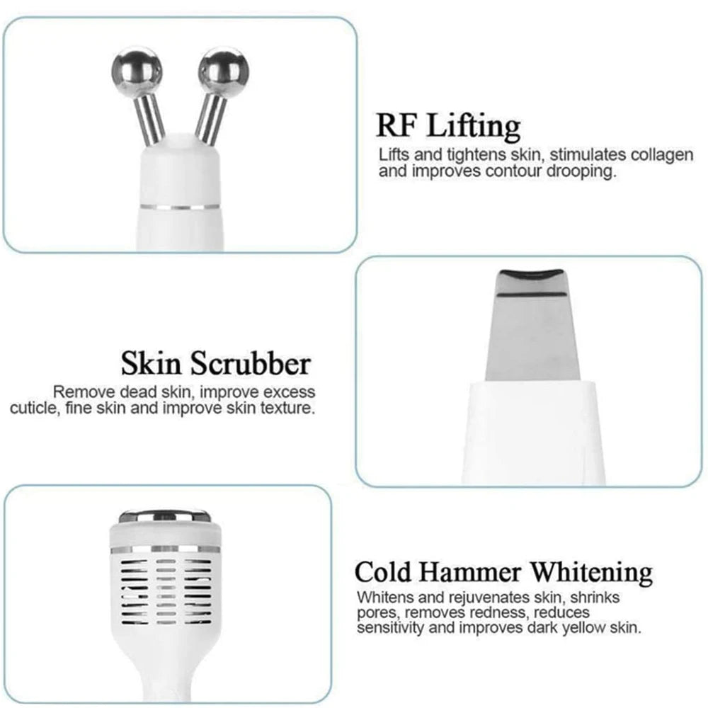 AOKO facial machine features RF lifting, skin scrubber, and cold hammer attachments for home skin rejuvenation.