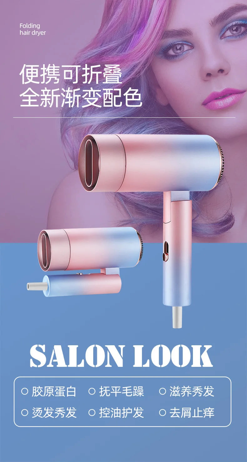 Foldable blue-pink gradient mini hair dryer with nozzle attachment for quick, ionic, salon-style drying at home.