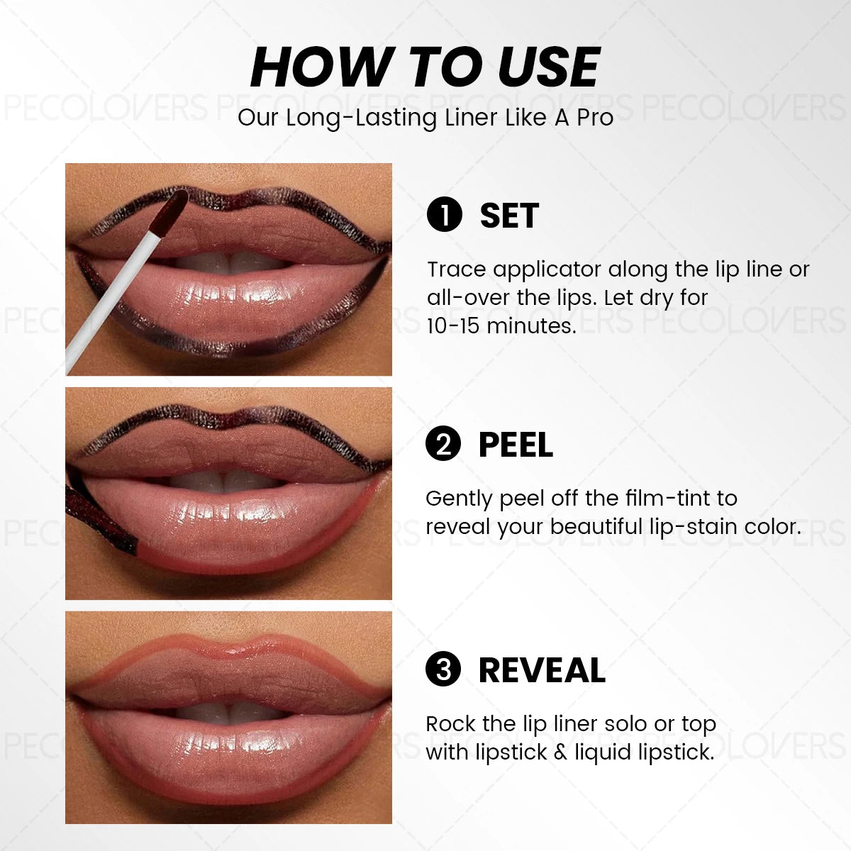 Waterproof tear-off lip liner applying, peeling, and revealing a long-lasting matte lip stain for custom lip definition.