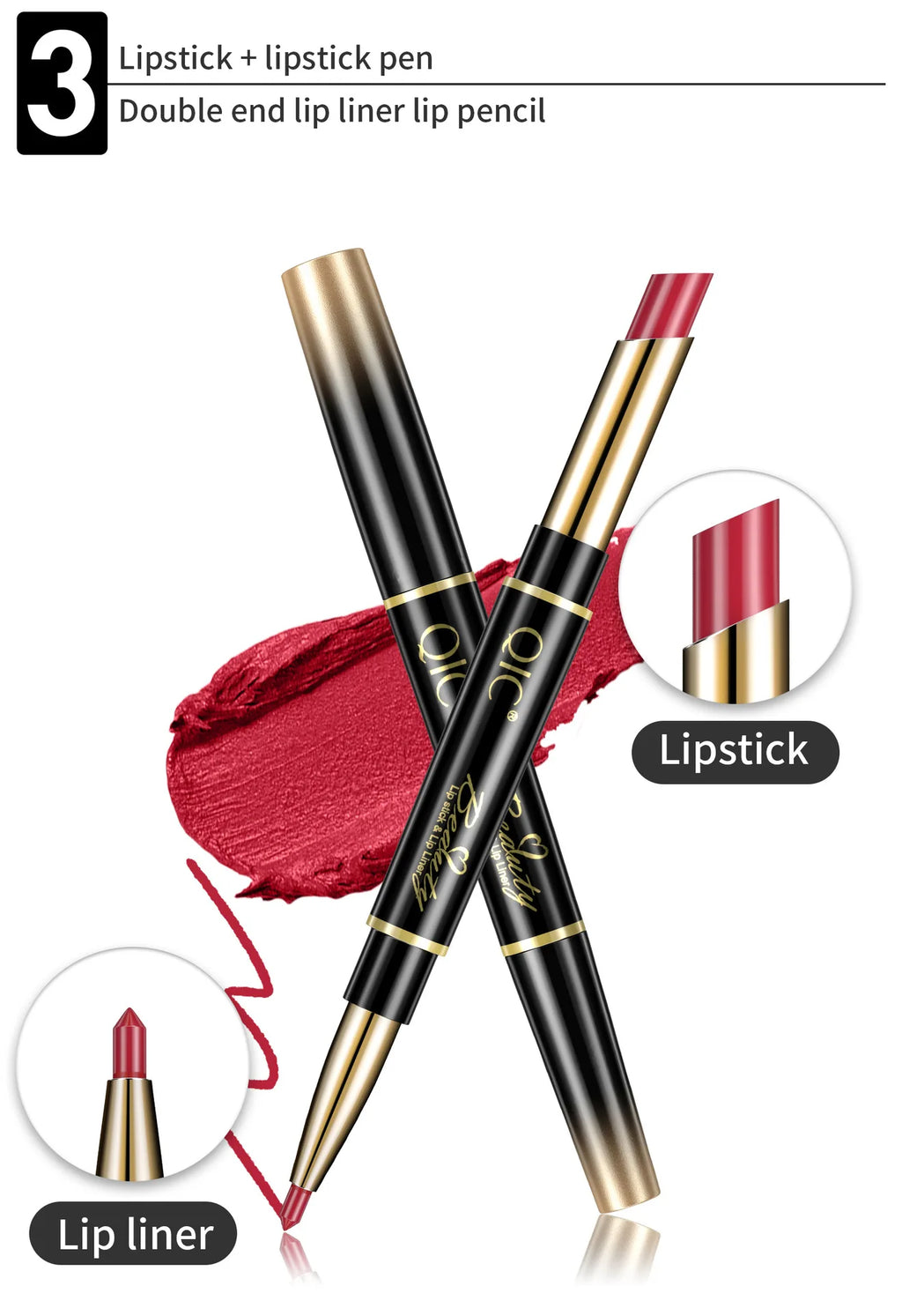 2-in-1 waterproof matte lipstick and lip liner pencil in sexy red with long-lasting formula and double-ended design.