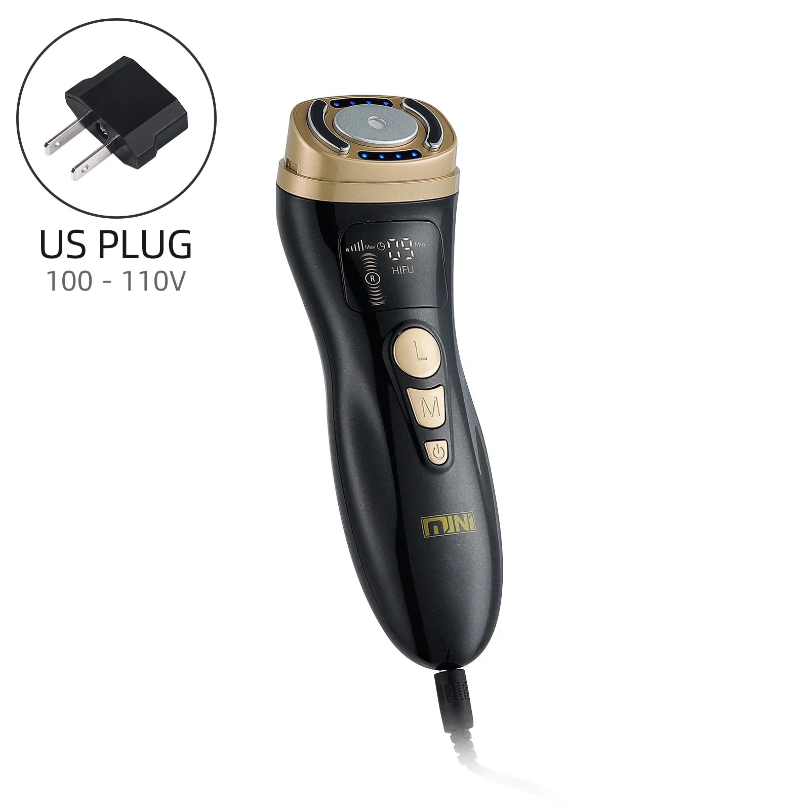 Black and gold portable facial lifting device with digital display, three control buttons, and a US power plug.