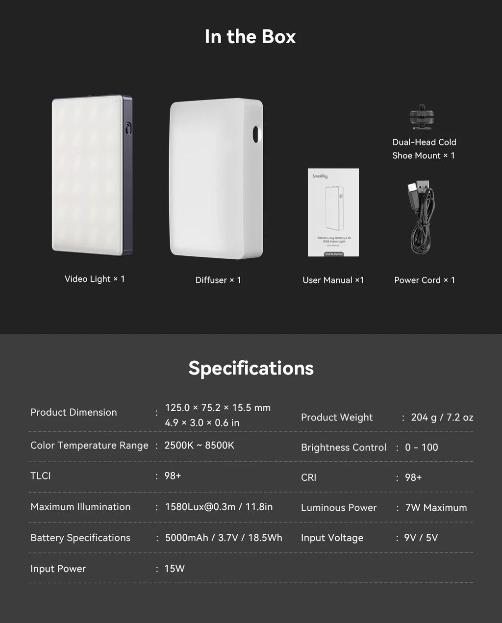 Includes rectangular portable LED video light, white diffuser, cold shoe mount, manual, and power cable with specs list.