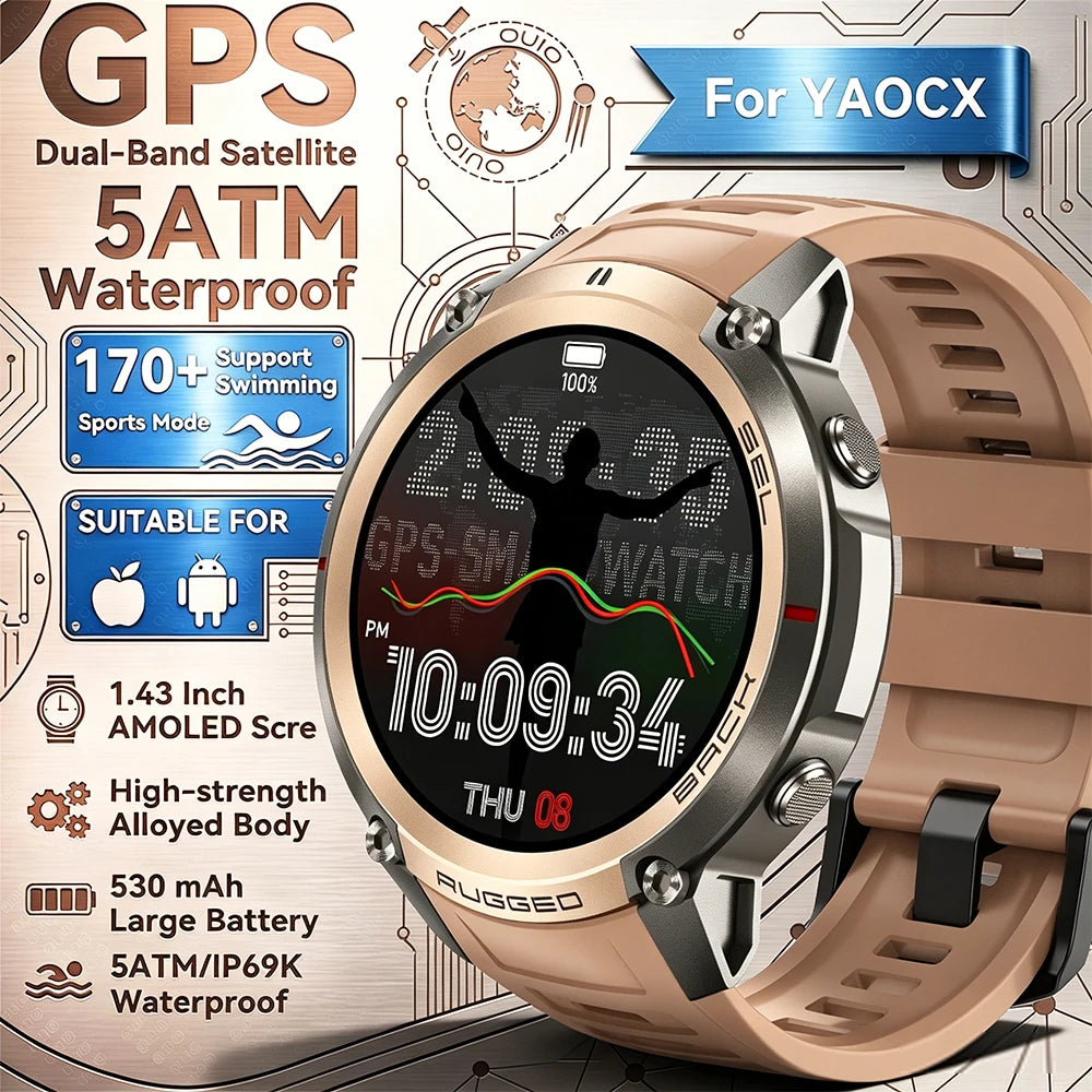 2026 New Outdoor GPS Smart Watch Map Compass Navigation 5ATM Waterproof Bluetooth Call 100+Sport Mode Men AMOLED HD Smart Watch