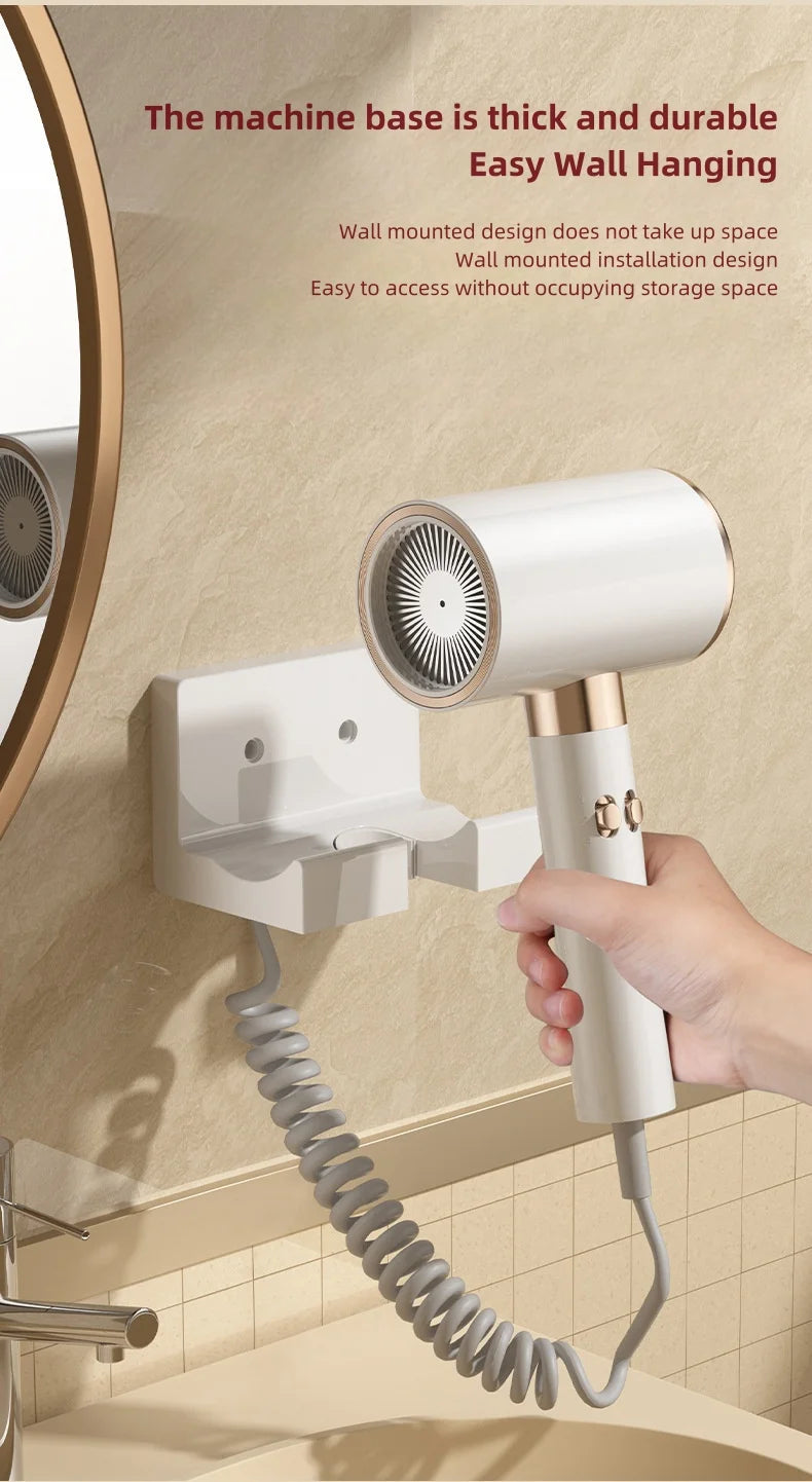 White and gold wall-mounted 2200W hair dryer with coiled cord, hanging base, and silent high-power drying design.