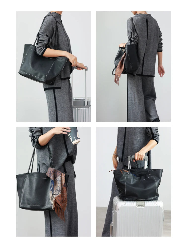 Women Large Capacity Genuine Leather Tote Soft Shoulder Bag