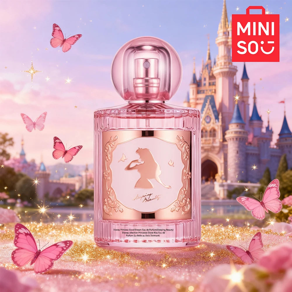 MINISO Disney Sleeping Beauty floral EDP, 50ml luxury pink glass bottle, designer fragrance for women.