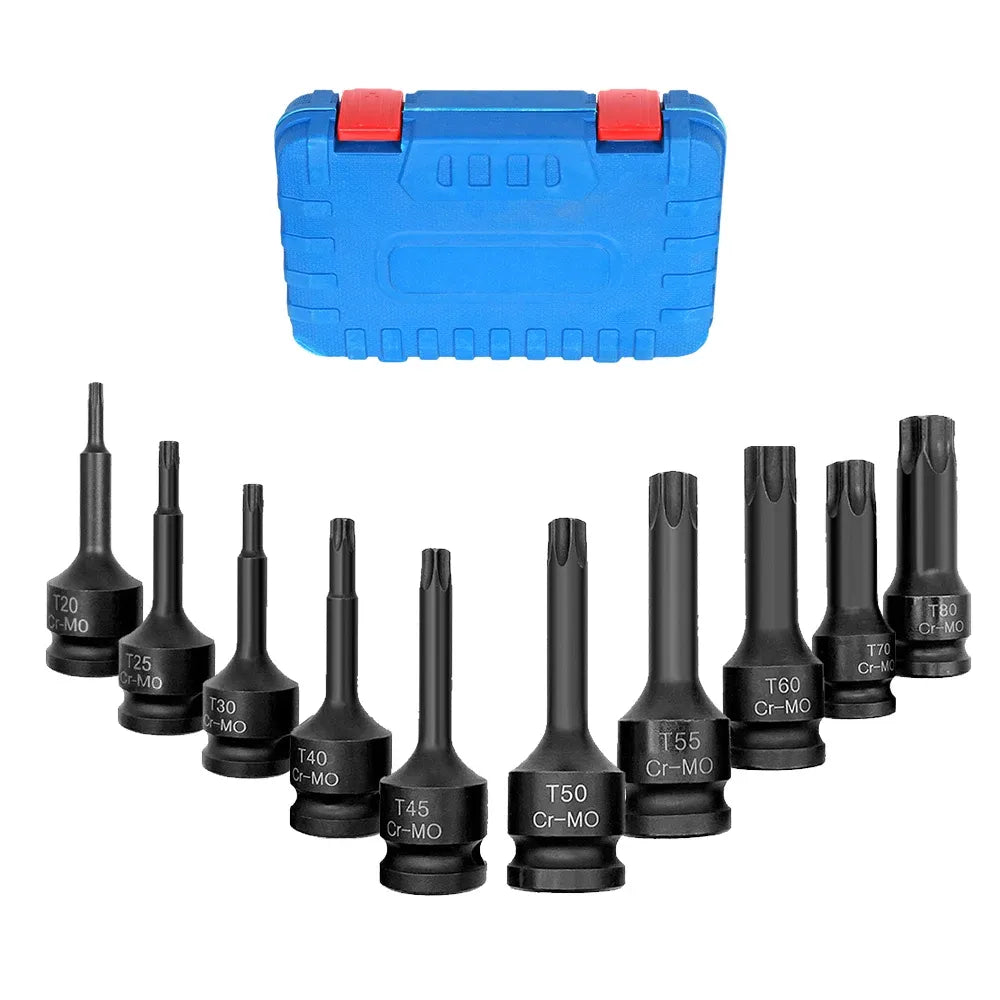 Multiple black 1/2-inch drive impact Torx bit sockets arranged around blue case