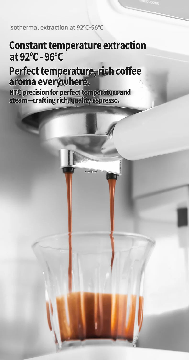 White espresso machine portafilter extracting rich coffee into a glass cup with precise temperature control.