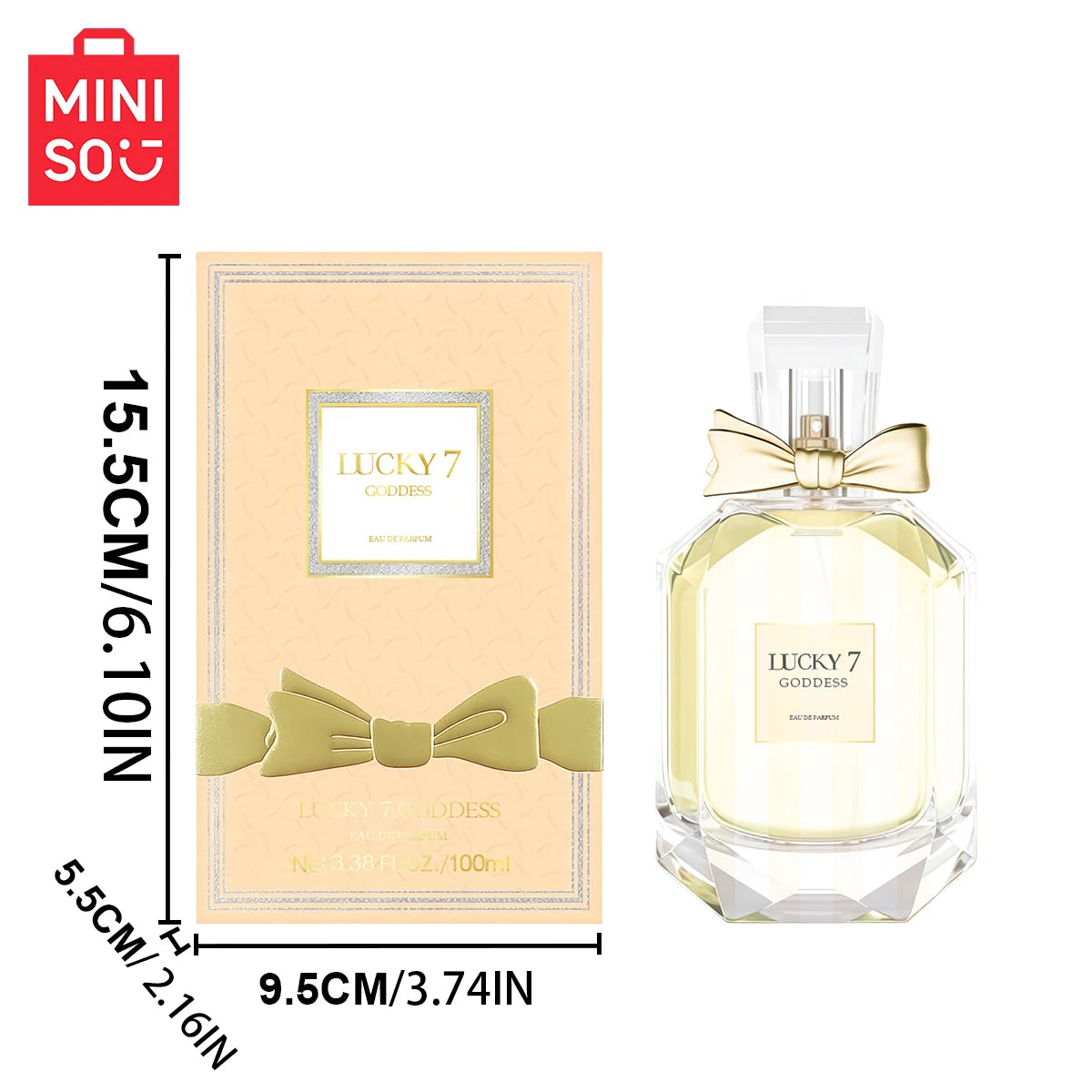 MINISO Lucky 7 Goddess 100ml Eau de Parfum for women, floral scent in elegant bow-detailed faceted glass bottle.