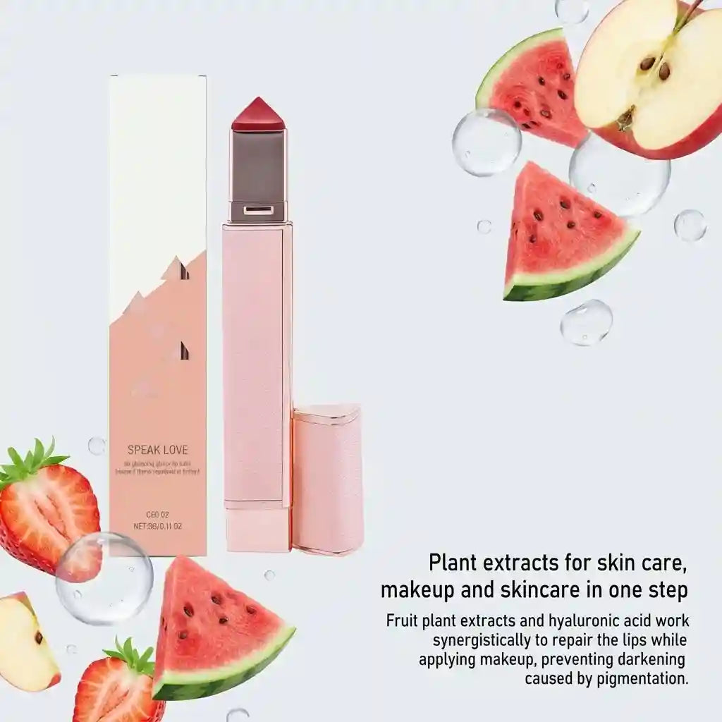 Glossy hydrating lip balm stick in rose gold tube with fruit extracts for plump, moisturized, non-chapped lips.