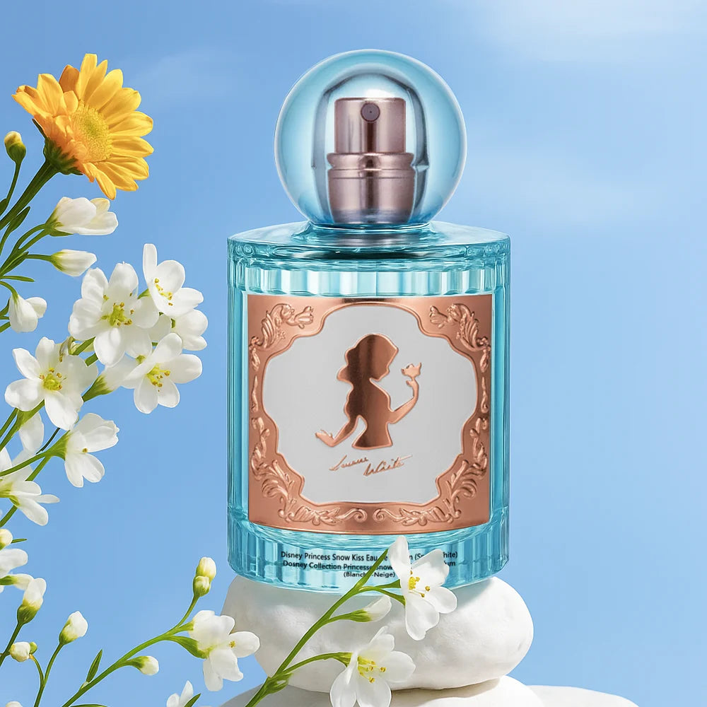 Miniso x Disney Snow White floral EDP for women. Round blue glass bottle with gold ornate label on a stone pedestal.