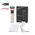 Portable mini HIFU and RF facial massager with EMS technology, rose gold finish, US plug, and retail box.