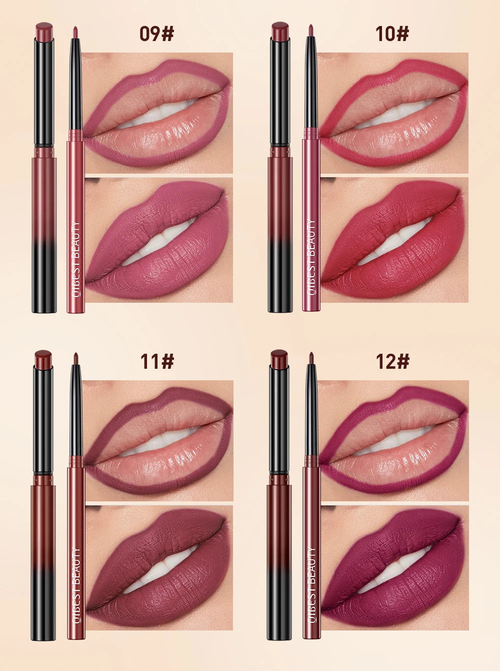 QIBEST 2-in-1 matte velvet lipstick and lip liner pencil set in red and berry shades with professional lip swatches.