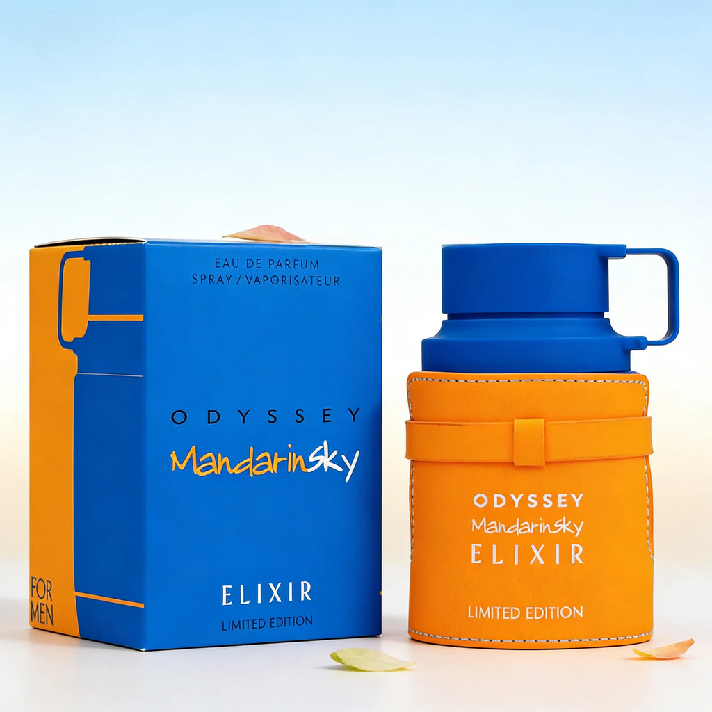 Armaf Odyssey Mandarinsky Elixir EDP for men. 3.4oz citrus, fresh, spicy scent in a unique leather-wrapped bottle.