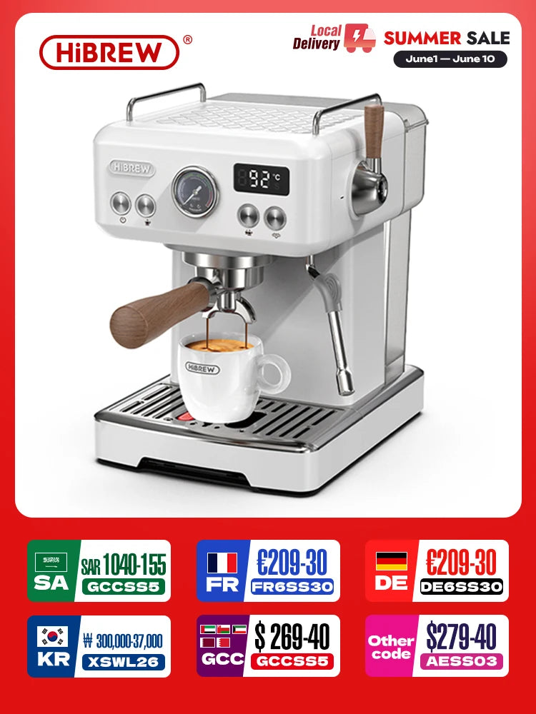 HiBREW white espresso coffee machine with digital temperature display, pressure gauge, and wood-grain handle portafilter.