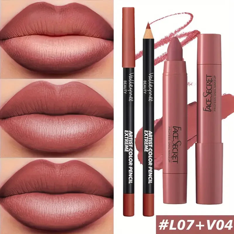 2pcs matte velvet lipstick set with lip liner in deep berry, long-lasting waterproof high-saturation lip makeup.