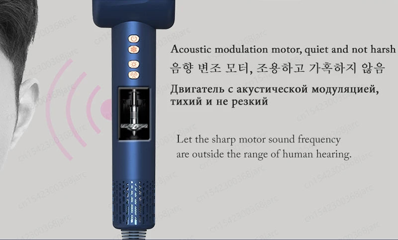 Blue professional quiet hair dryer with acoustic modulation motor and digital controls for salon-quality styling.