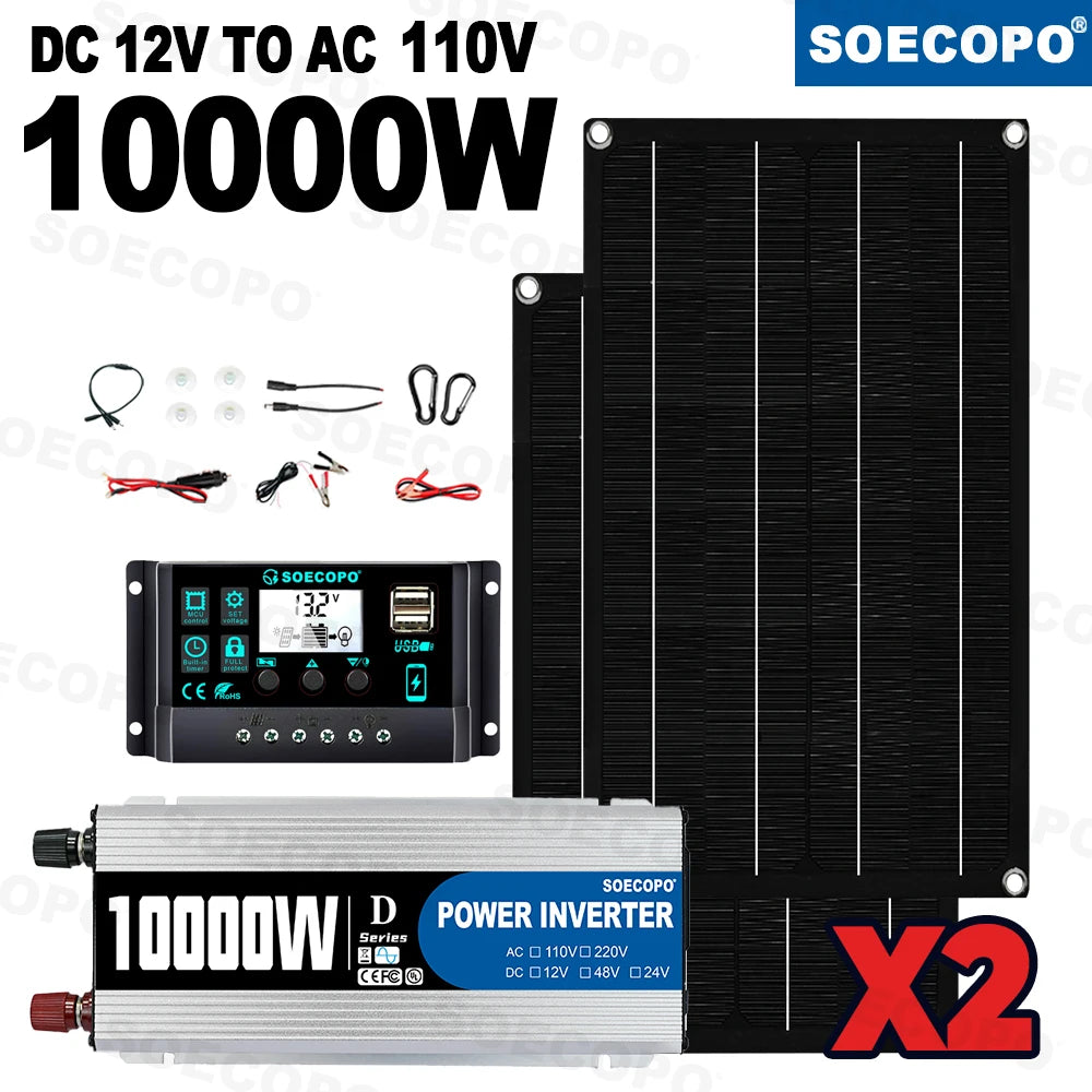 SOECOPO 10000W Solar Power Full Kit DC 12V - AC 110V 220V Inverter 100A Controller 2*600W Panels for Home System Camping