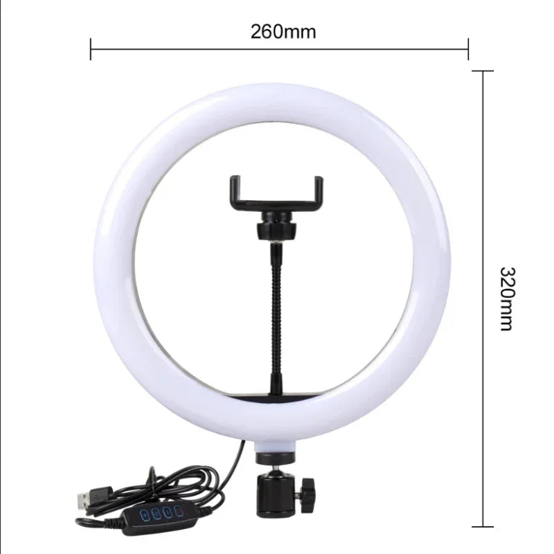 260mm white ring light with a central phone mount and USB controller, used for video recording and photography lighting.