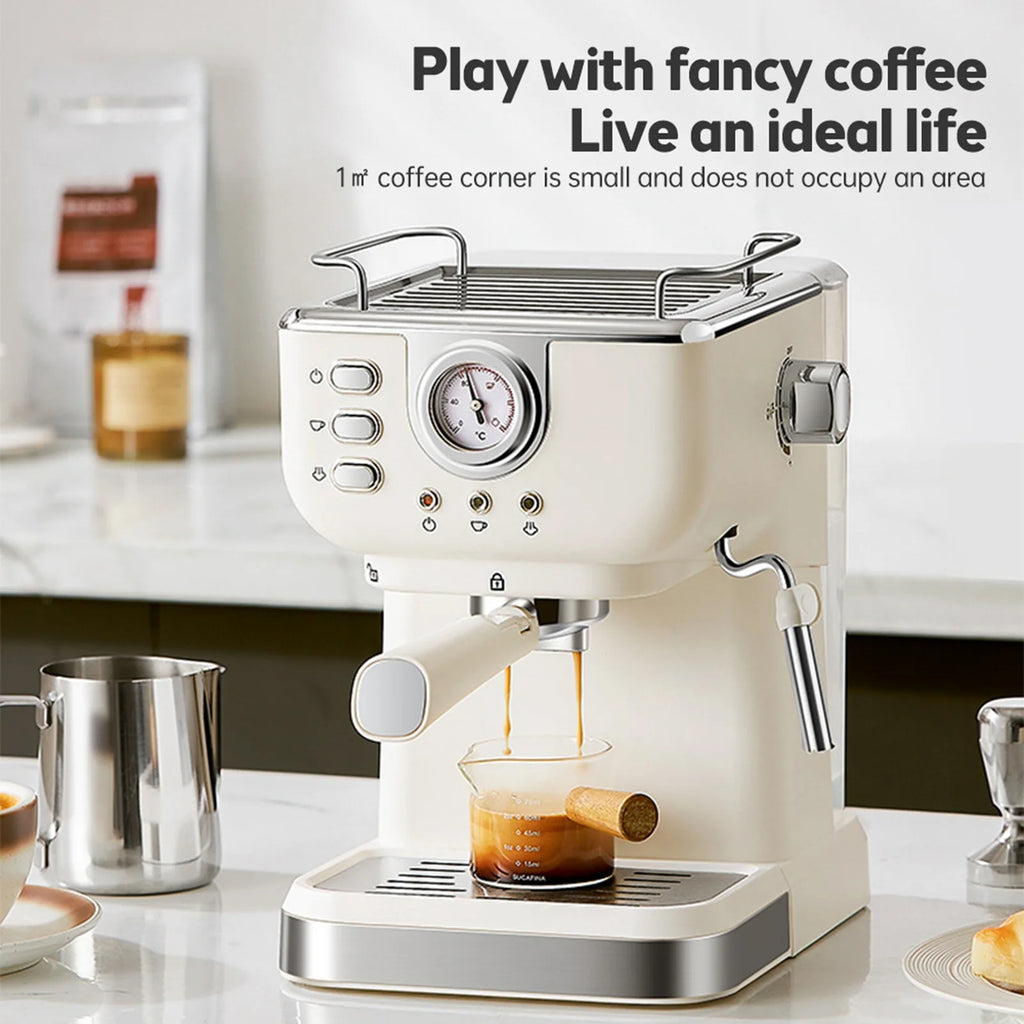 Cream retro espresso machine with pressure gauge, steam wand, and portafilter brewing coffee on a kitchen counter.