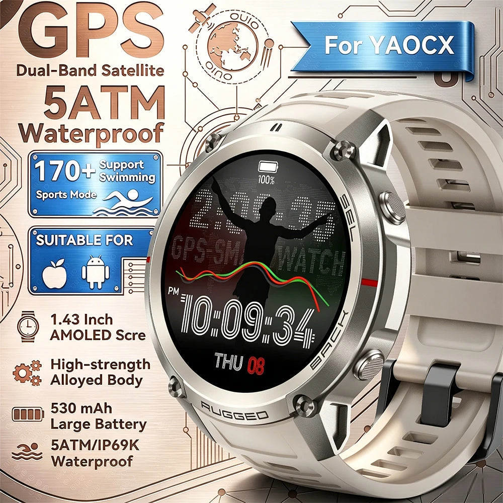 2026 New Outdoor GPS Smart Watch Map Compass Navigation 5ATM Waterproof Bluetooth Call 100+Sport Mode Men AMOLED HD Smart Watch