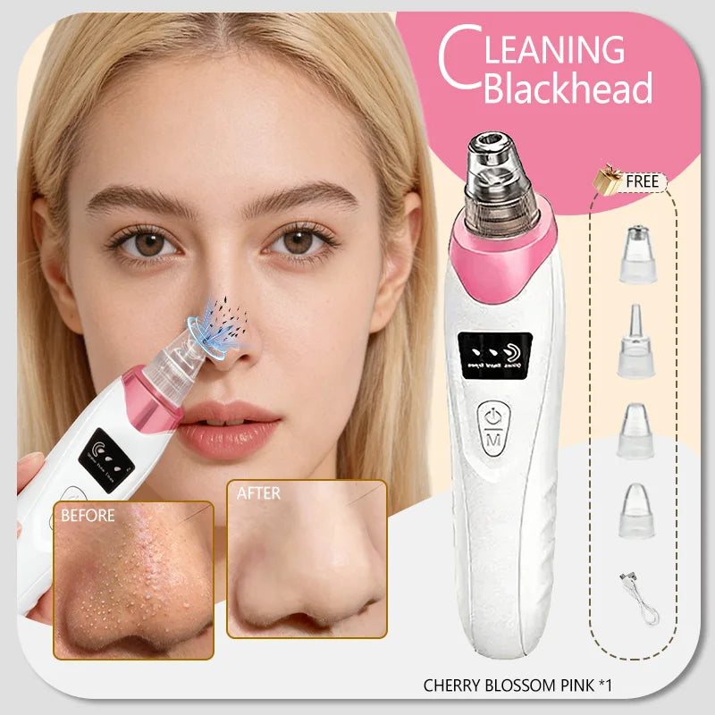 White and pink electric blackhead vacuum remover for facial pore cleansing with multiple suction heads and display.