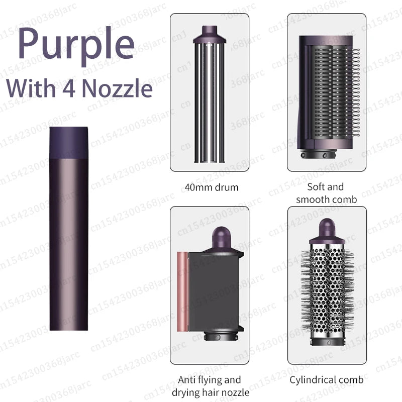 SenCiciMen X9 purple multi hair styler set with 4 attachments: curling barrel, smoothing brush, and drying nozzle.