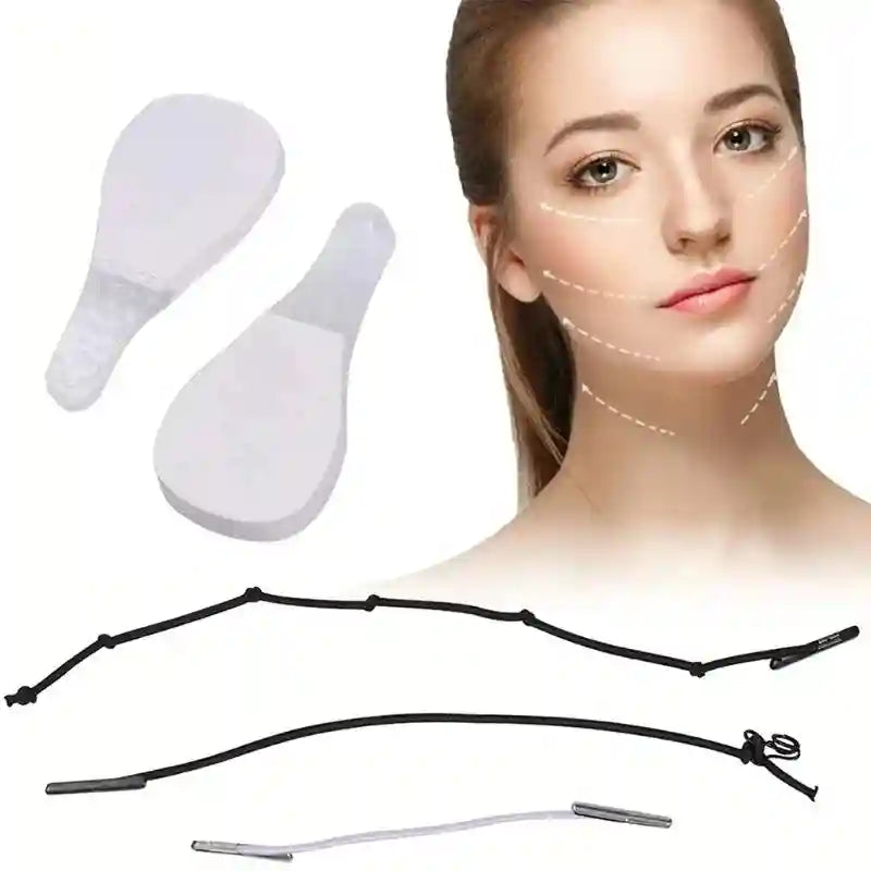 Clear, thin adhesive face-lift patches shown with woman's face and black elastic tensioning bands.