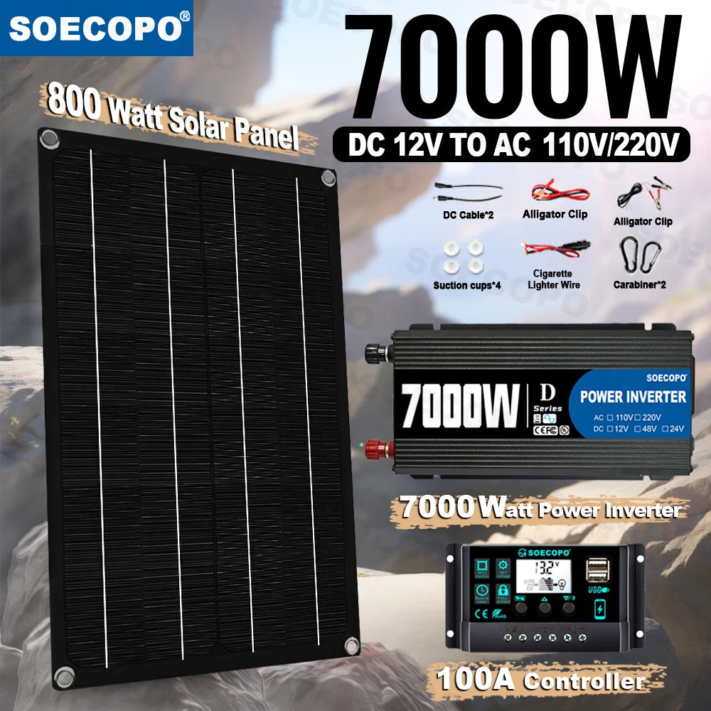 SOECOPO 10000W Solar Power Full Kit DC 12V - AC 110V 220V Inverter 100A Controller 2*600W Panels for Home System Camping
