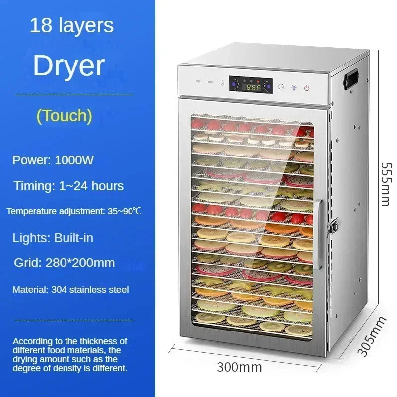 18-tray stainless steel food dehydrator with touch control panel and drying fruit slices