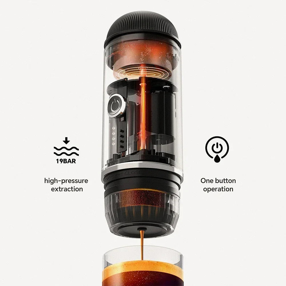 Portable black 19-bar espresso maker with transparent body and one-button operation for high-pressure coffee brewing.