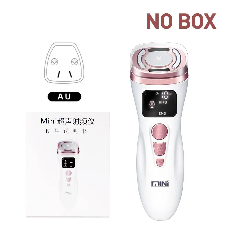 White and rose gold handheld HIFU facial beauty device with an LCD screen, control buttons, manual, and AU power plug.