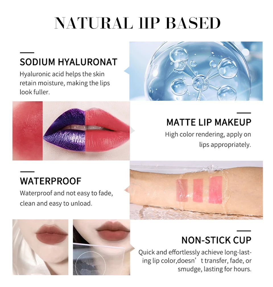 Waterproof peel-off lip stain with pink matte pigment. Long-lasting, transfer-proof, non-stick lip makeup color swatches.