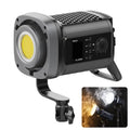Black VL-200Bi LED COB studio light with mount, digital controls, and yellow light source for photography and video.