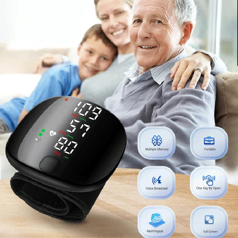 Voice Portable LED Wrist Blood Pressure Monitor Portable Rechargeable Digital Tonometer Sphygmomanometer BP Monitor