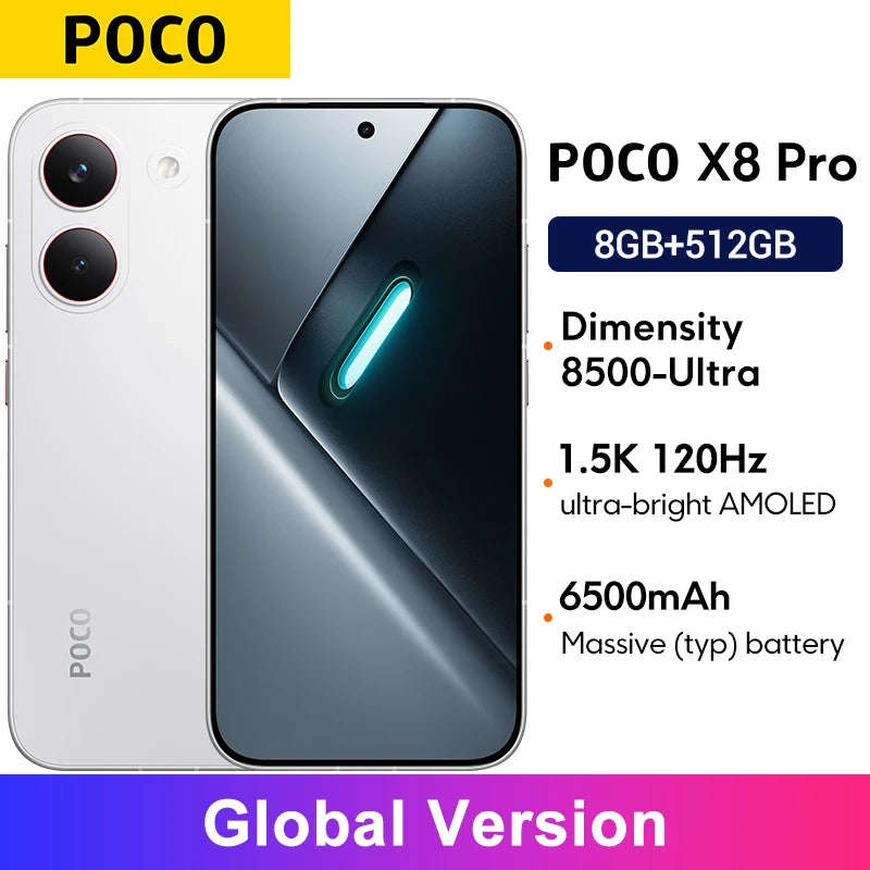 White POCO X8 Pro smartphone, front and rear view, 1.5K 120Hz AMOLED, Dimensity 8500-Ultra, 6500mAh battery.