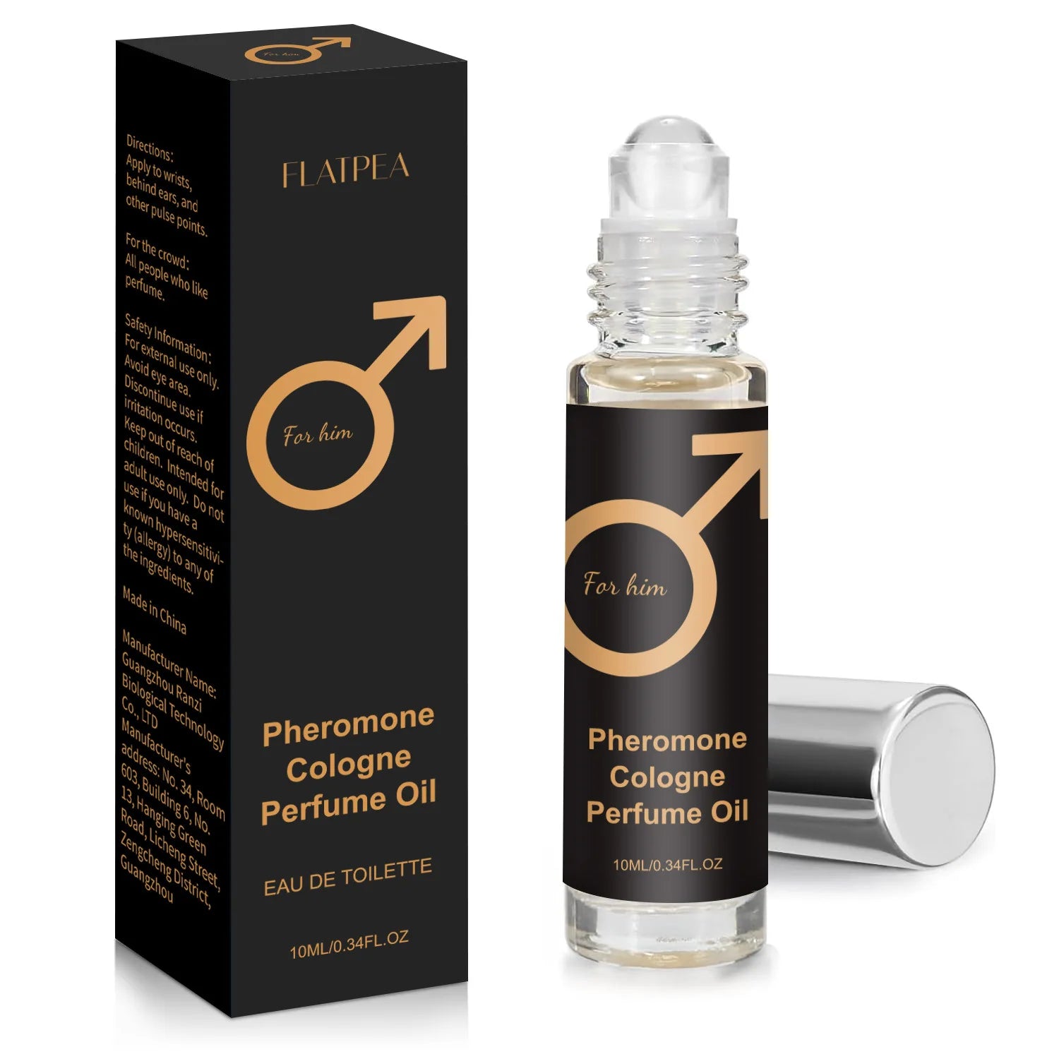 Flatpea Pheromone Cologne for men, long-lasting EDT roll-on perfume oil for attraction in a 10ml glass bottle.