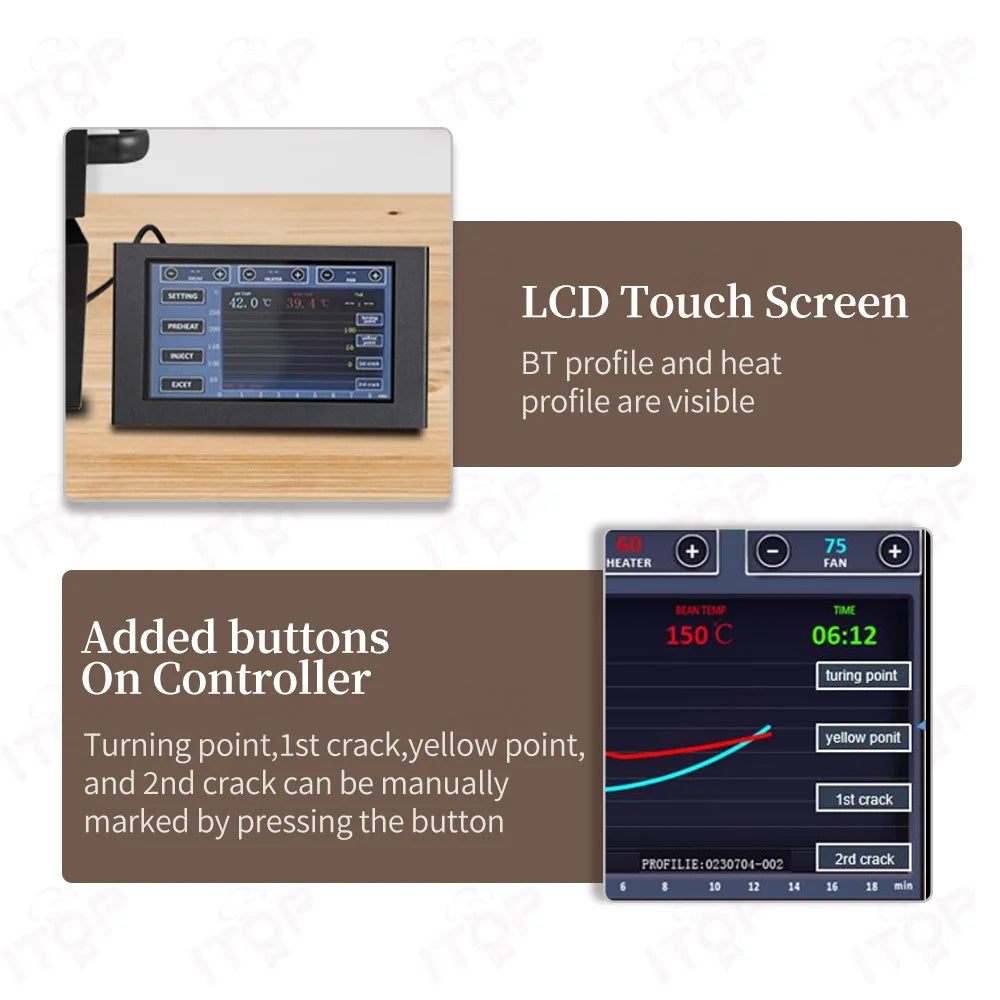 ITOP coffee roaster digital LCD touch screen controller with manual roast profiling buttons and heat monitoring.