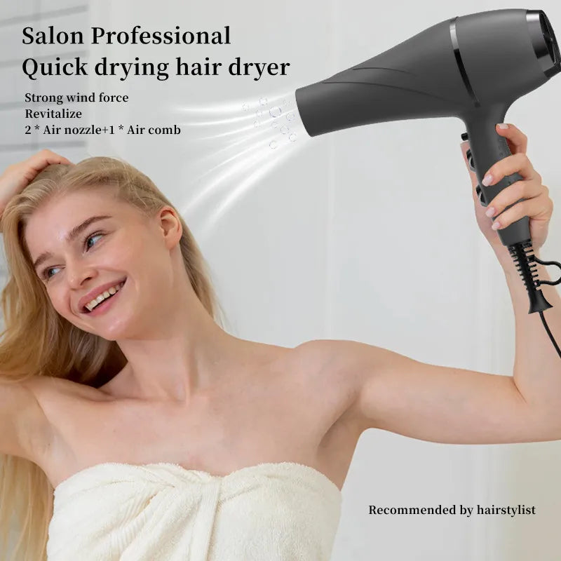 Matte black 2400W professional hair dryer with nozzles and comb for salon-quality quick drying.